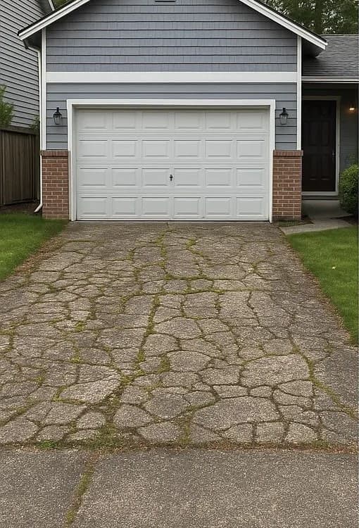 Cracked, worn driveway surface before replacement